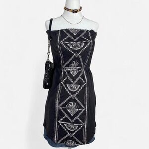 Y2K Billabong Strapless Dress Womens Medium‎ Black Boho Tribal Print Beach